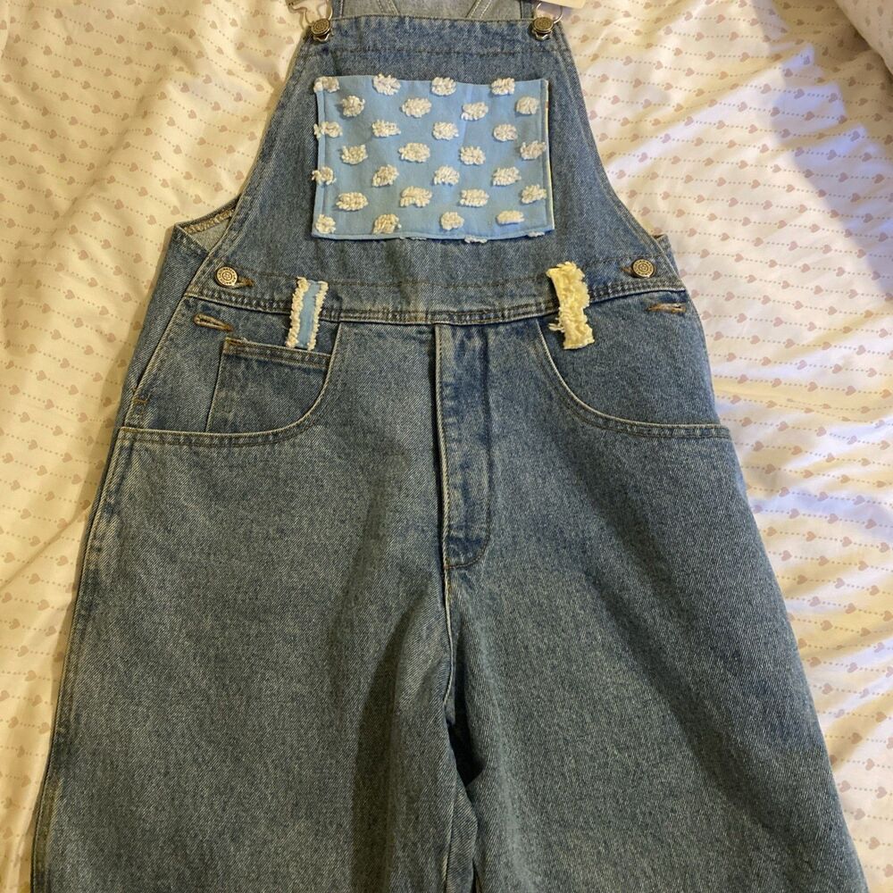 Vtg NWT WATCH LA  jean bib Shorts overalls size 10 Patchwork chenile  Blue Denim